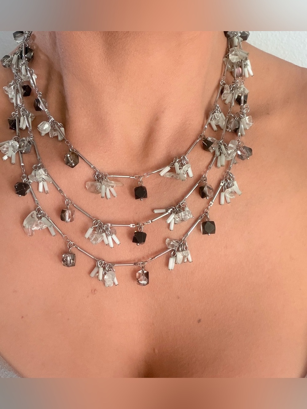 Silver Tone Multi-Strand Crystal Drop Necklace - Women Jewelry